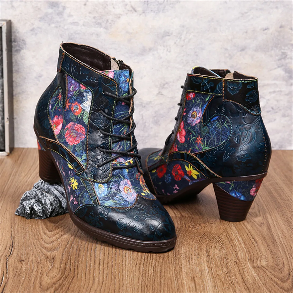 Womens  Leather Ankle Boots Vintage Floral Bootie Blue