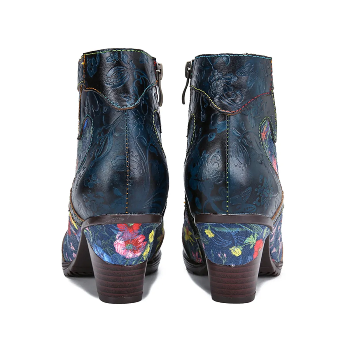 Womens  Leather Ankle Boots Vintage Floral Bootie Blue