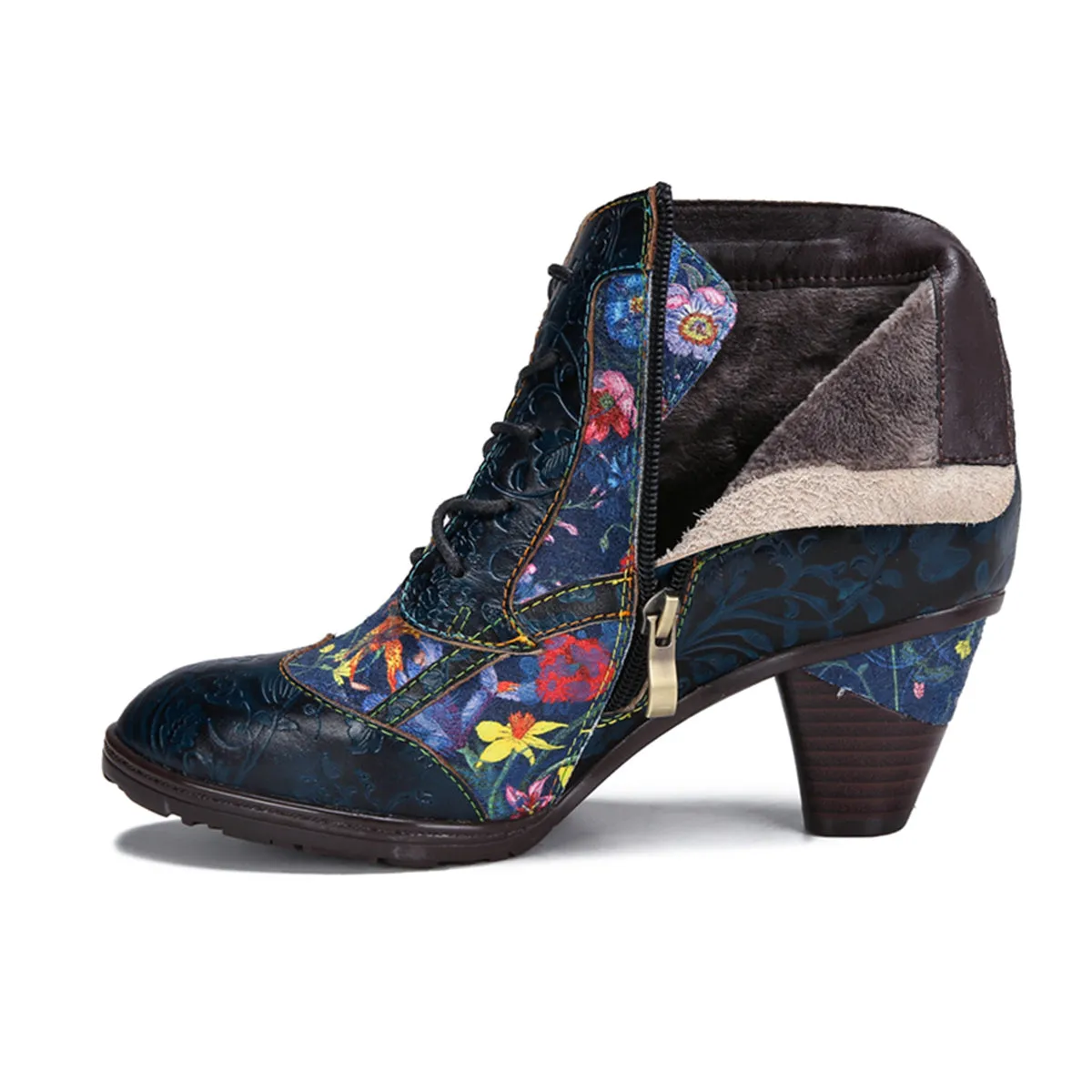 Womens  Leather Ankle Boots Vintage Floral Bootie Blue