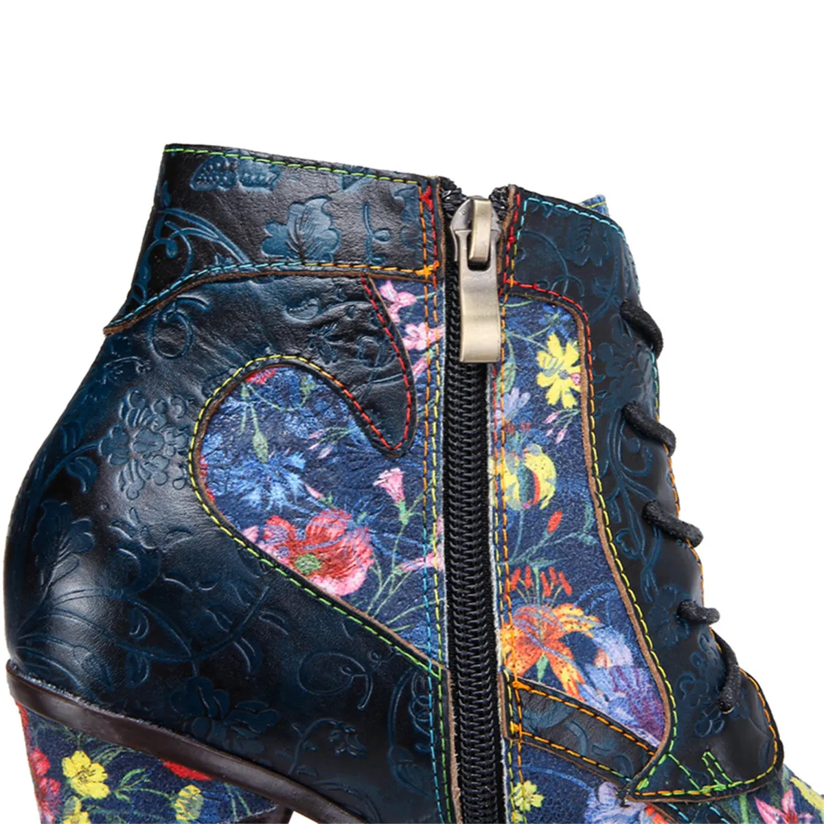 Womens  Leather Ankle Boots Vintage Floral Bootie Blue