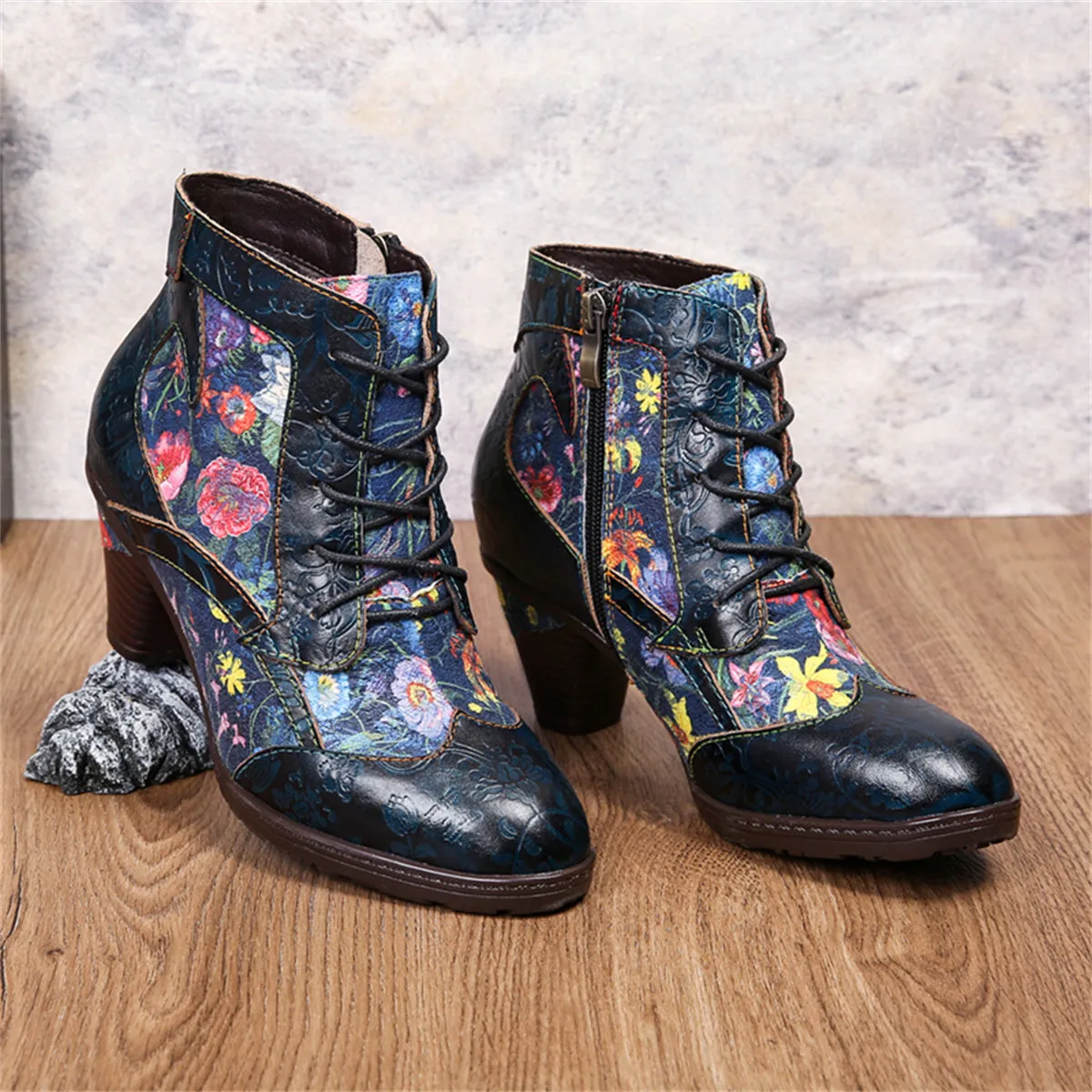 Womens  Leather Ankle Boots Vintage Floral Bootie Blue