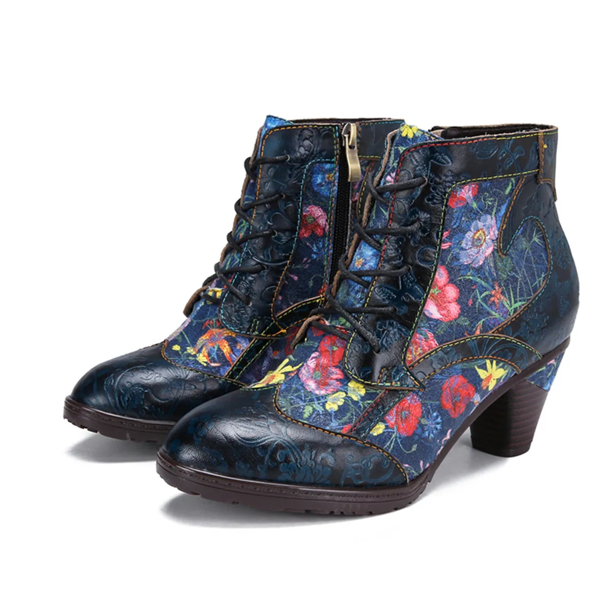 Womens  Leather Ankle Boots Vintage Floral Bootie Blue