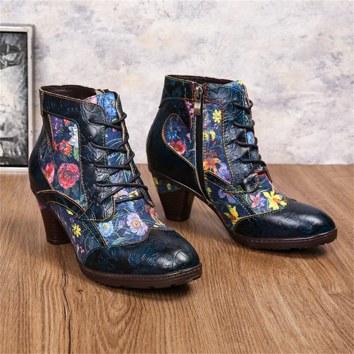 Womens  Leather Ankle Boots Vintage Floral Bootie Blue