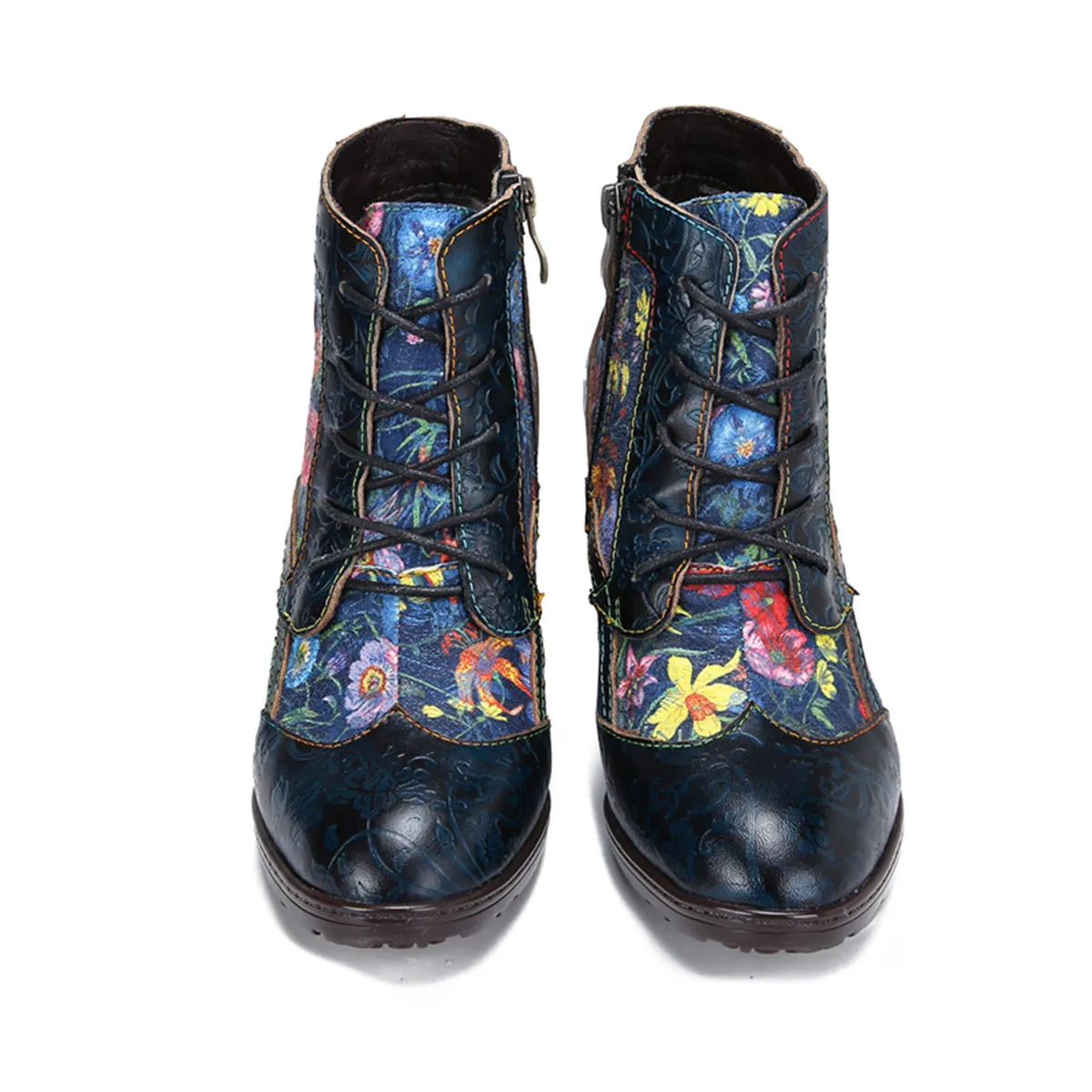 Womens  Leather Ankle Boots Vintage Floral Bootie Blue